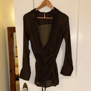 Free People Black and Brown Patterned Wrap Blouse
